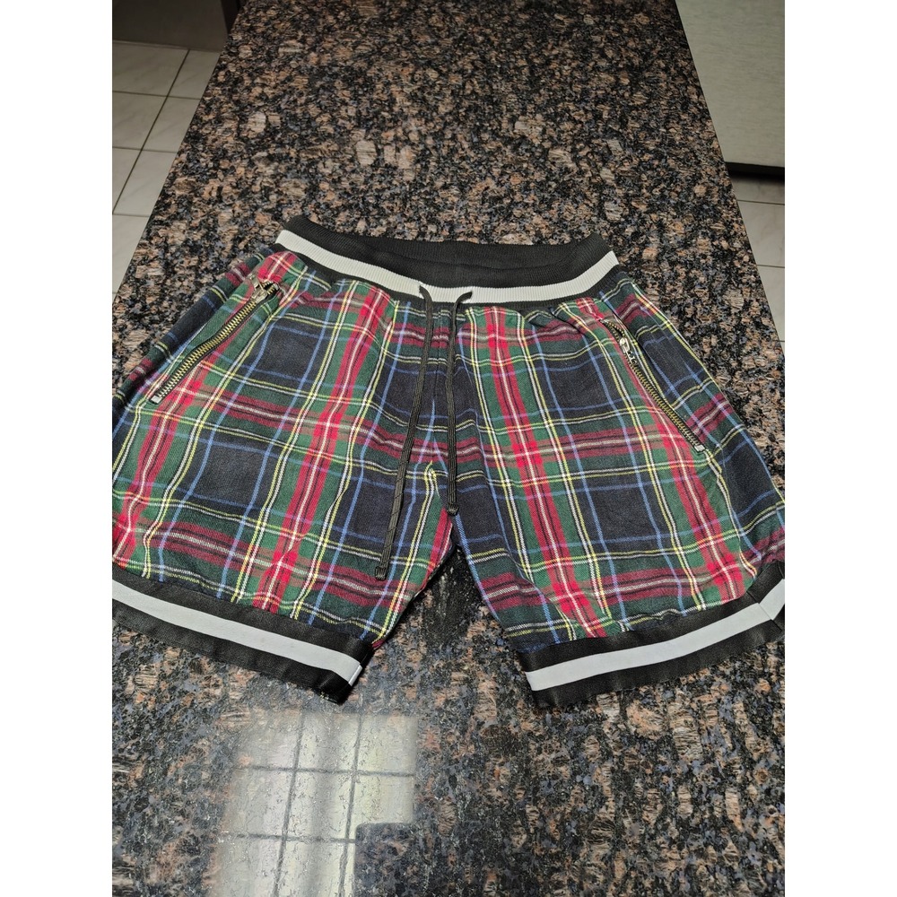 mnml Plaid Basketball Shorts Green Red Tartan Streetwear Zipper Pockets Small